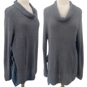 Nic + Zoe Cowl Neck Ribbed Knit Sweater Side Ribbon Bow Tie Long Sleeve Slate XL